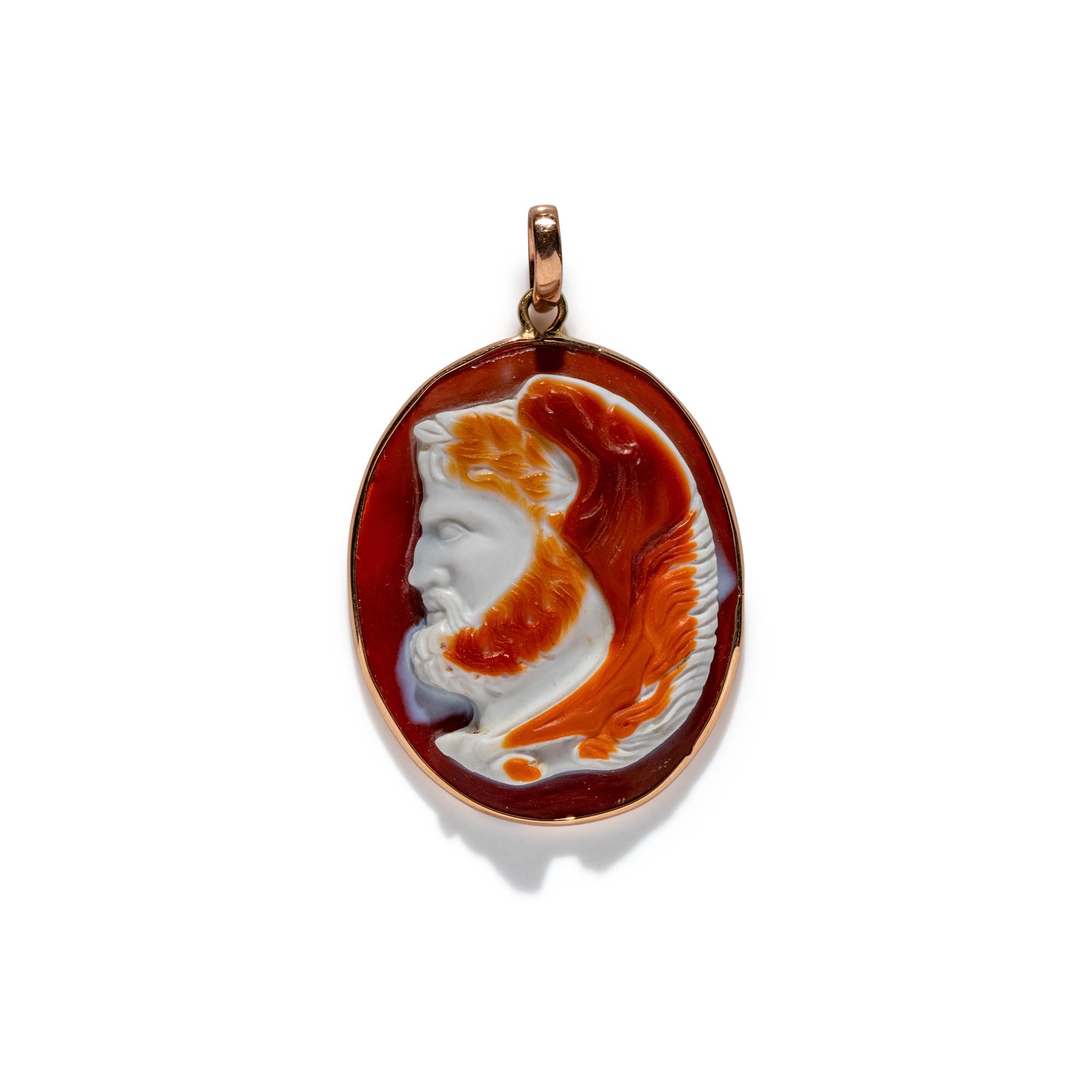 A Neoclassical Gold and Sardonyx Cameo Pendant with a Portrait Head of Hercules