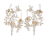 A Pair of Rock Crystal and Gilt Metal Two-Light Wall Sconces