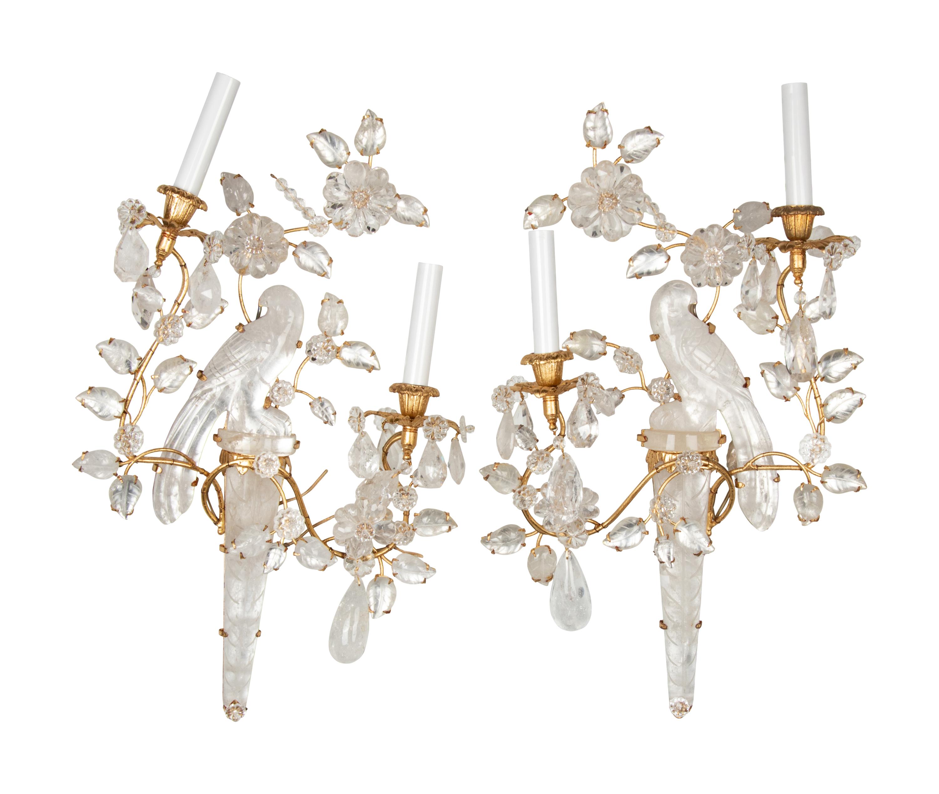 A Pair of Rock Crystal and Gilt Metal Two-Light Wall Sconces