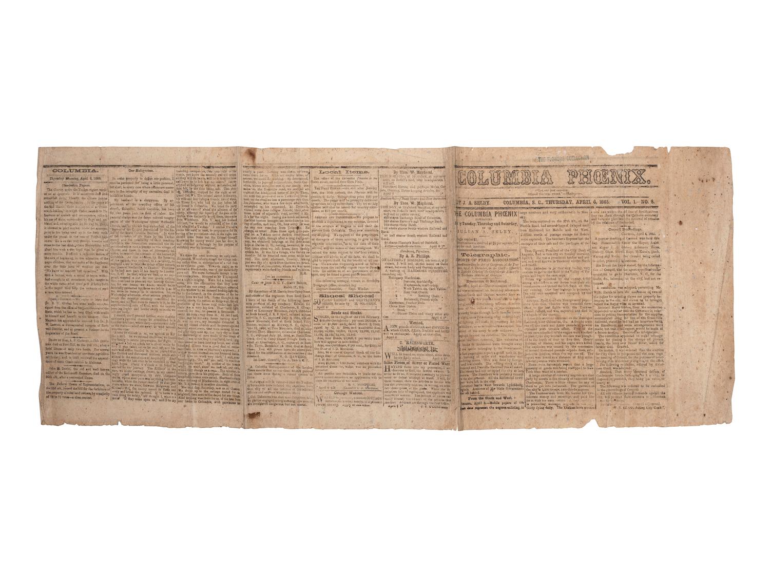 [CIVIL WAR]. Two Southern newspapers covering the evacuation and capture of Richmond, featuring a 15 April 1865 newspaper covering Lincoln's visit to Richmond but unaware of his assassination.