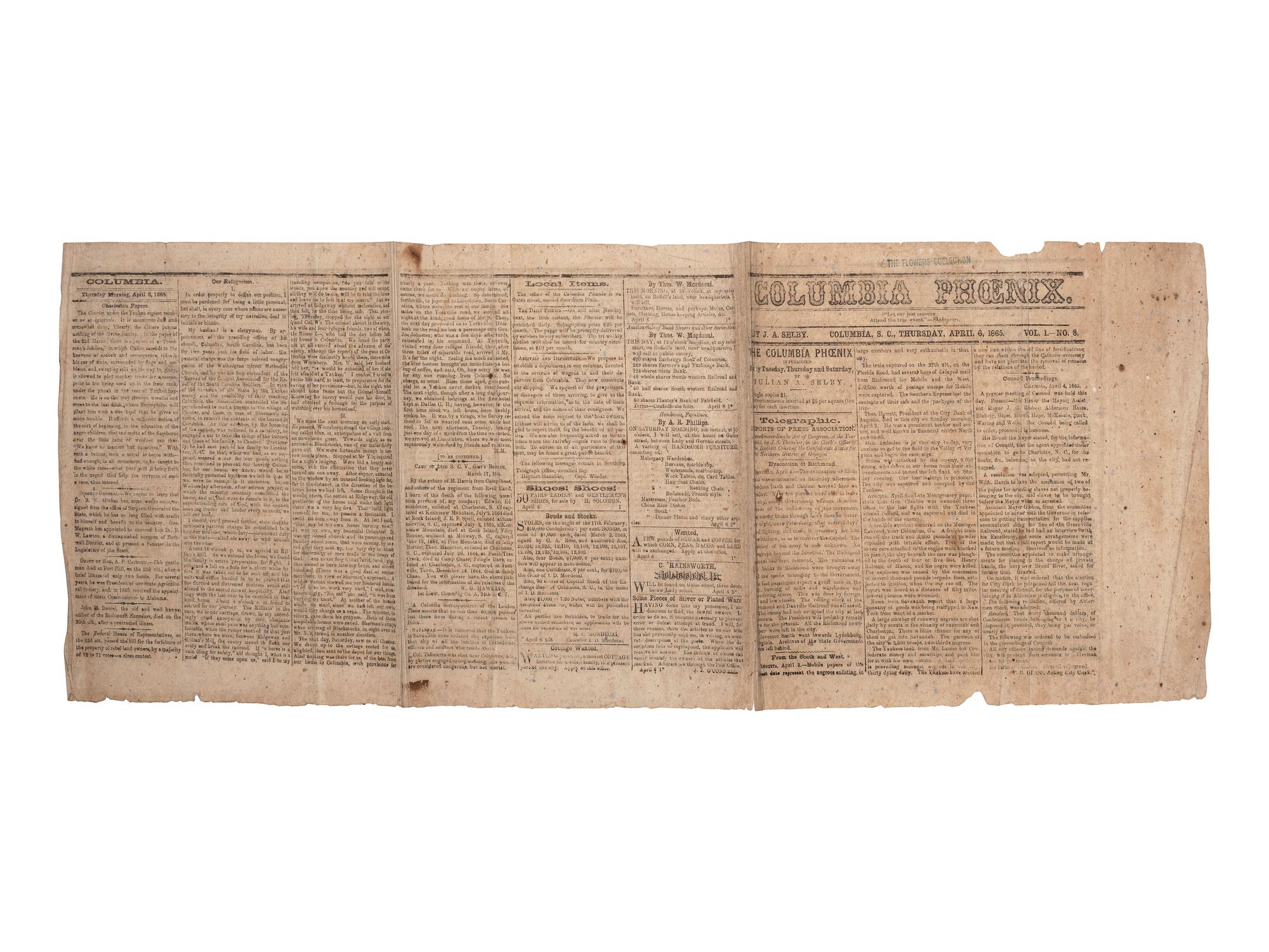 [CIVIL WAR]. Two Southern newspapers covering the evacuation and capture of Richmond, featuring a 15 April 1865 newspaper covering Lincoln's visit to Richmond but unaware of his assassination.