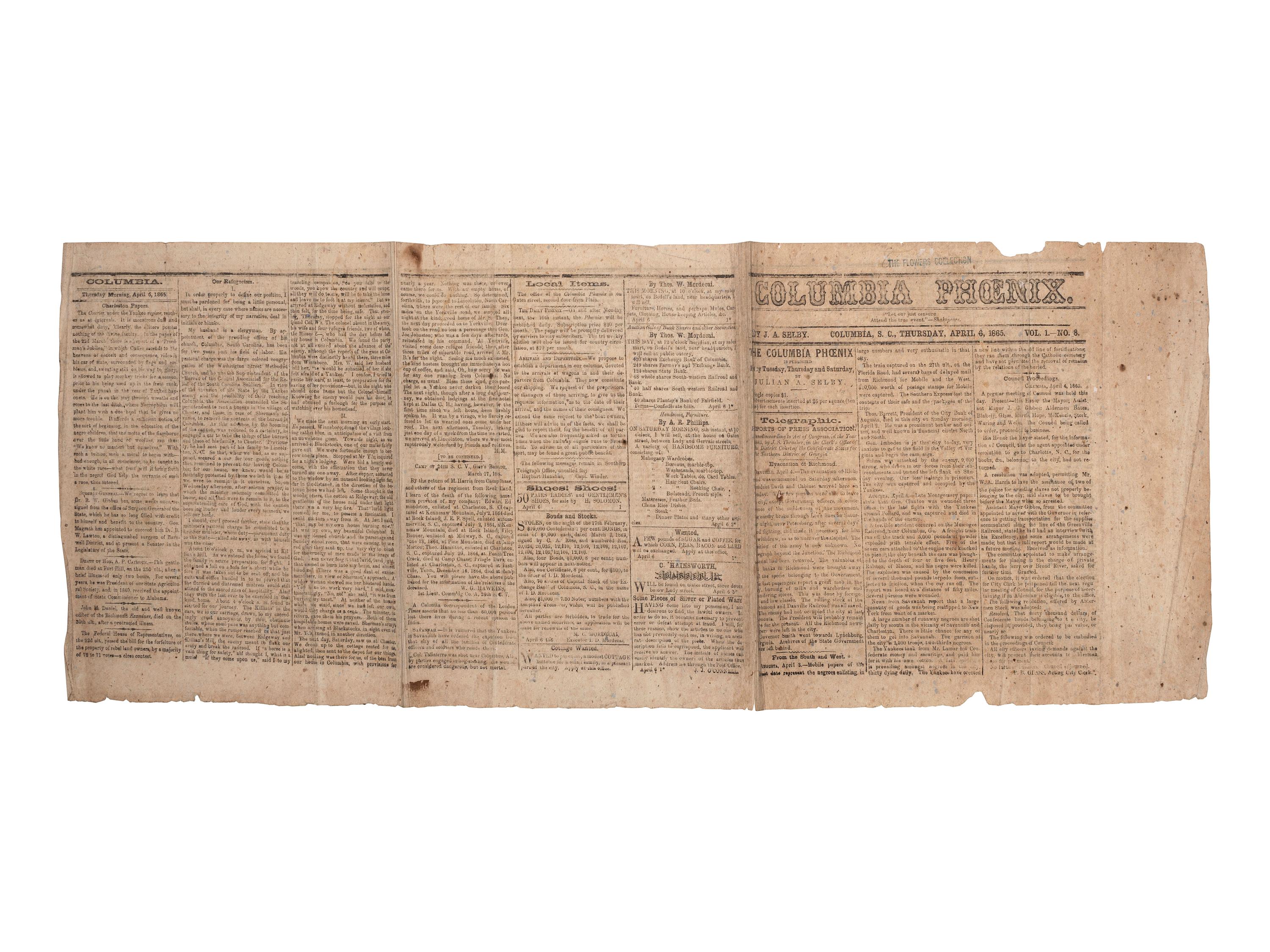 [CIVIL WAR]. Two Southern newspapers covering the evacuation and capture of Richmond, featuring a 15 April 1865 newspaper covering Lincoln's visit to Richmond but unaware of his assassination.