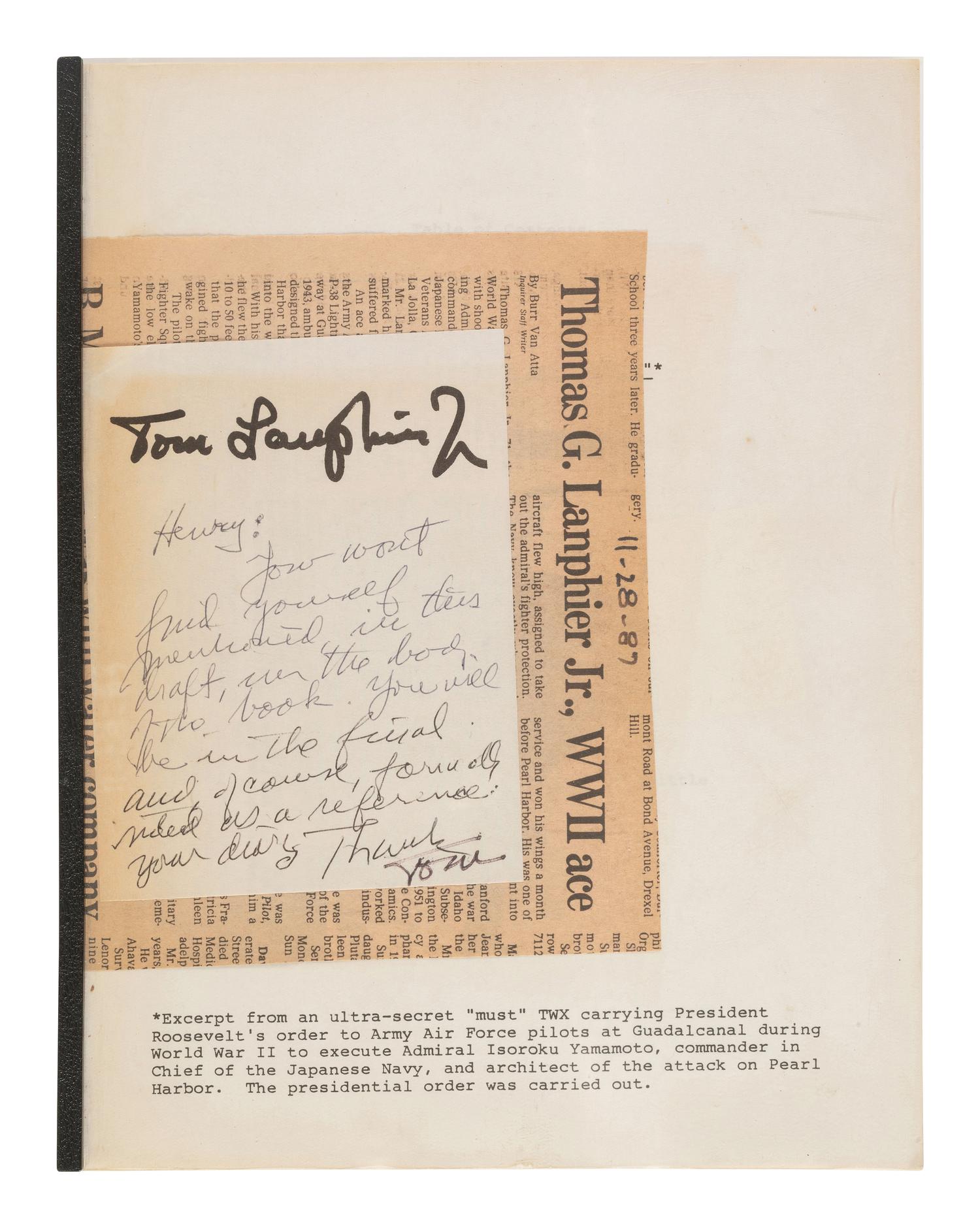 [WORLD WAR II]. LANPHIER, Jr. Col. Thomas G. (1915-1987). "At All Costs Reach and Destroy." Autographed typescript detailing experiences of the "ace" credited with shooting down the plane of Admiral Isoroku Yamamoto.