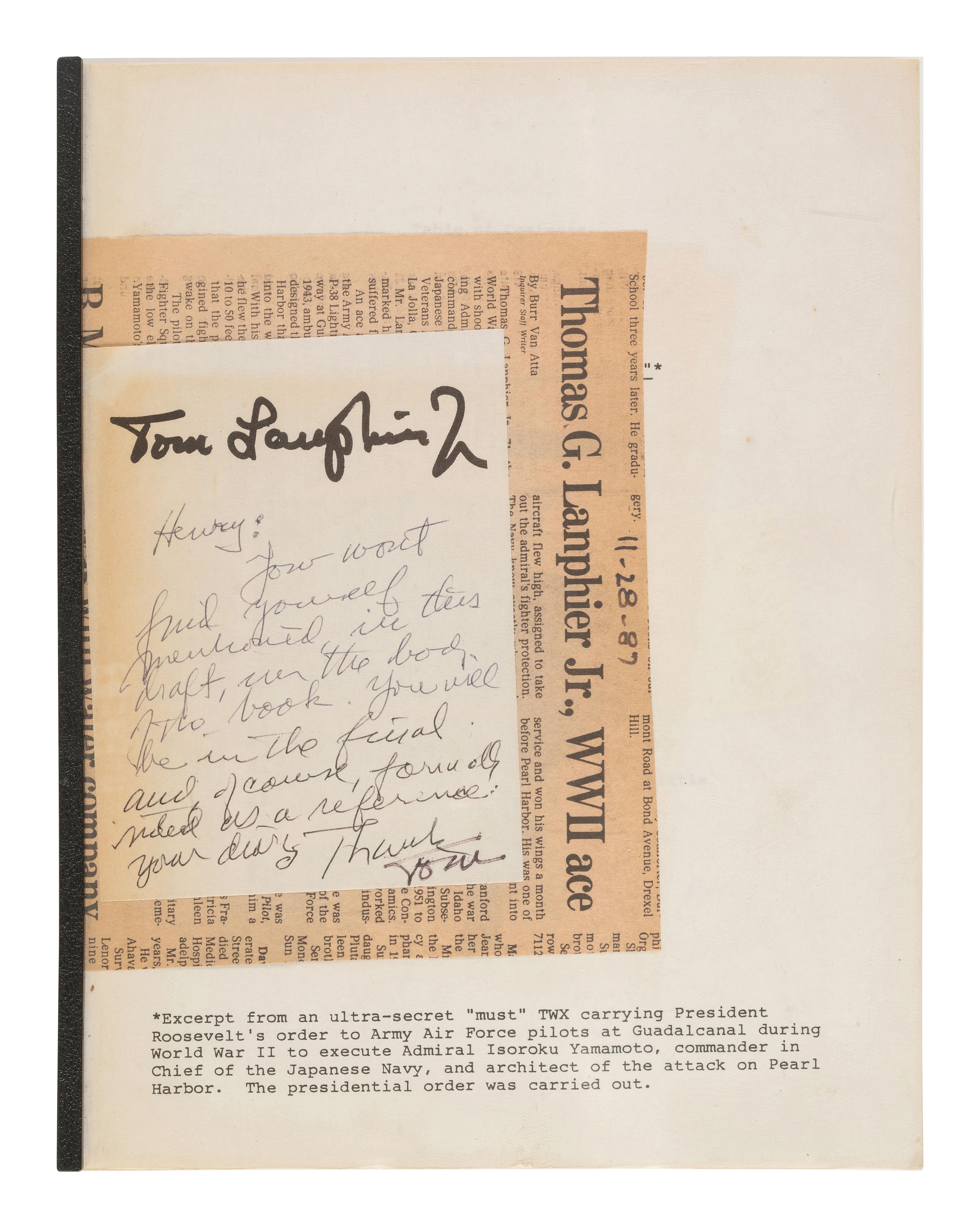 [WORLD WAR II]. LANPHIER, Jr. Col. Thomas G. (1915-1987). "At All Costs Reach and Destroy." Autographed typescript detailing experiences of the "ace" credited with shooting down the plane of Admiral Isoroku Yamamoto.