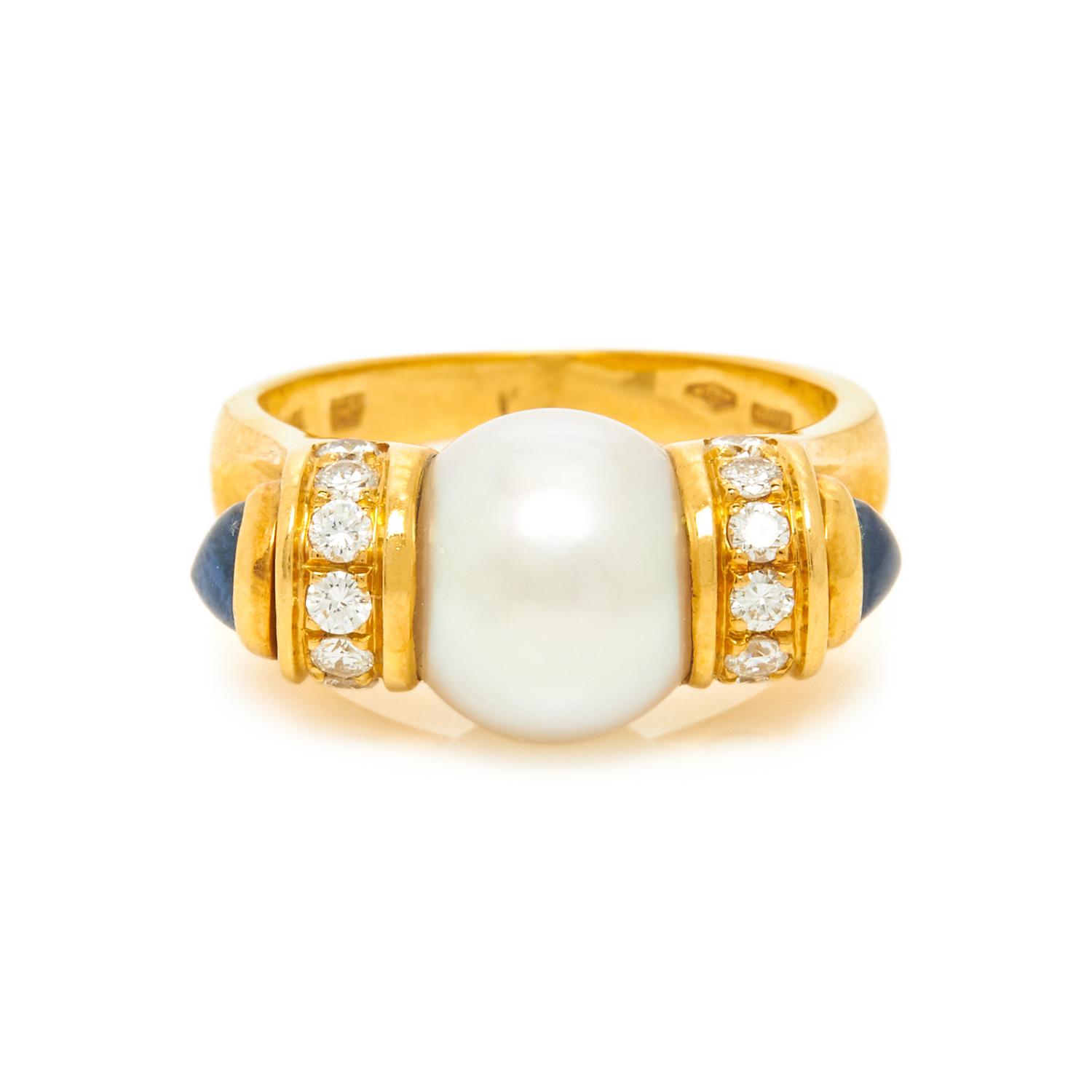 BULGARI, CULTURED PEARL, SAPPHIRE, AND DIAMOND RING