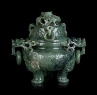 A Chinese Celadon Jadeite Incense Burner and Cover