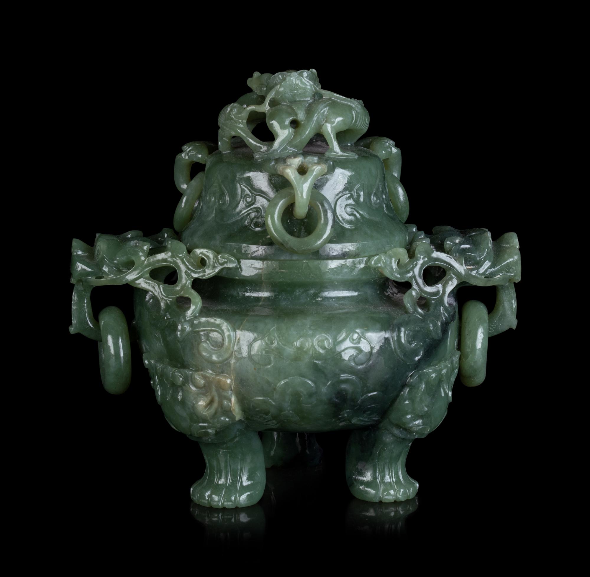 A Chinese Celadon Jadeite Incense Burner and Cover