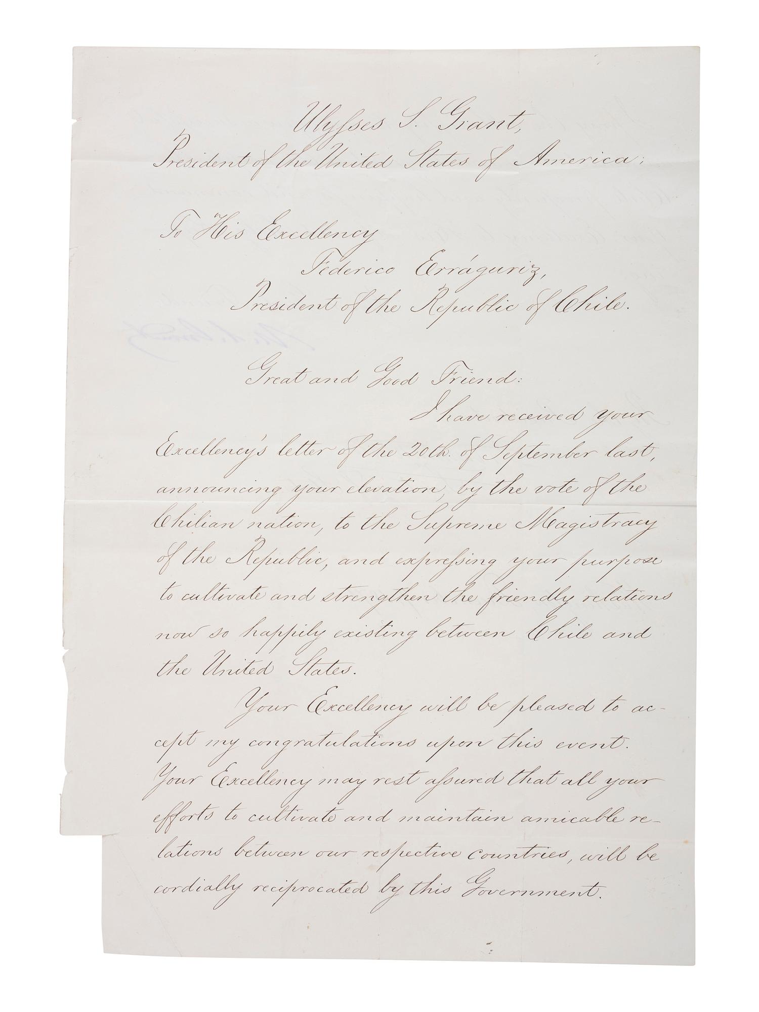 [US PRESIDENTS] -- [GRANT, Ulysses S. (1822-1885)]. Letter Signed as President, to Chilean President Federico Errázuriz Zañartu. Washington, DC, 7 December 1871.