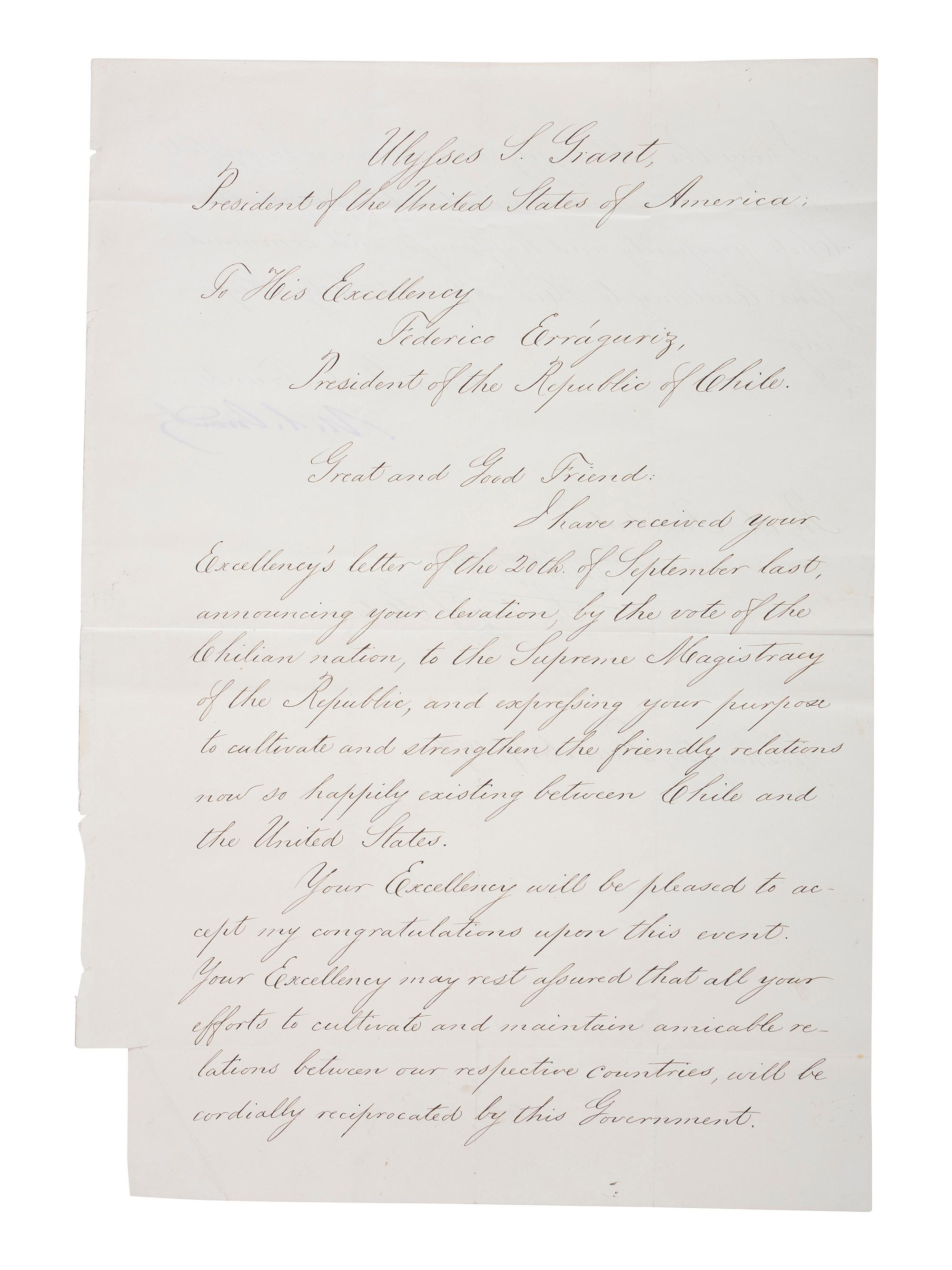 [US PRESIDENTS] -- [GRANT, Ulysses S. (1822-1885)]. Letter Signed as President, to Chilean President Federico Errázuriz Zañartu. Washington, DC, 7 December 1871.