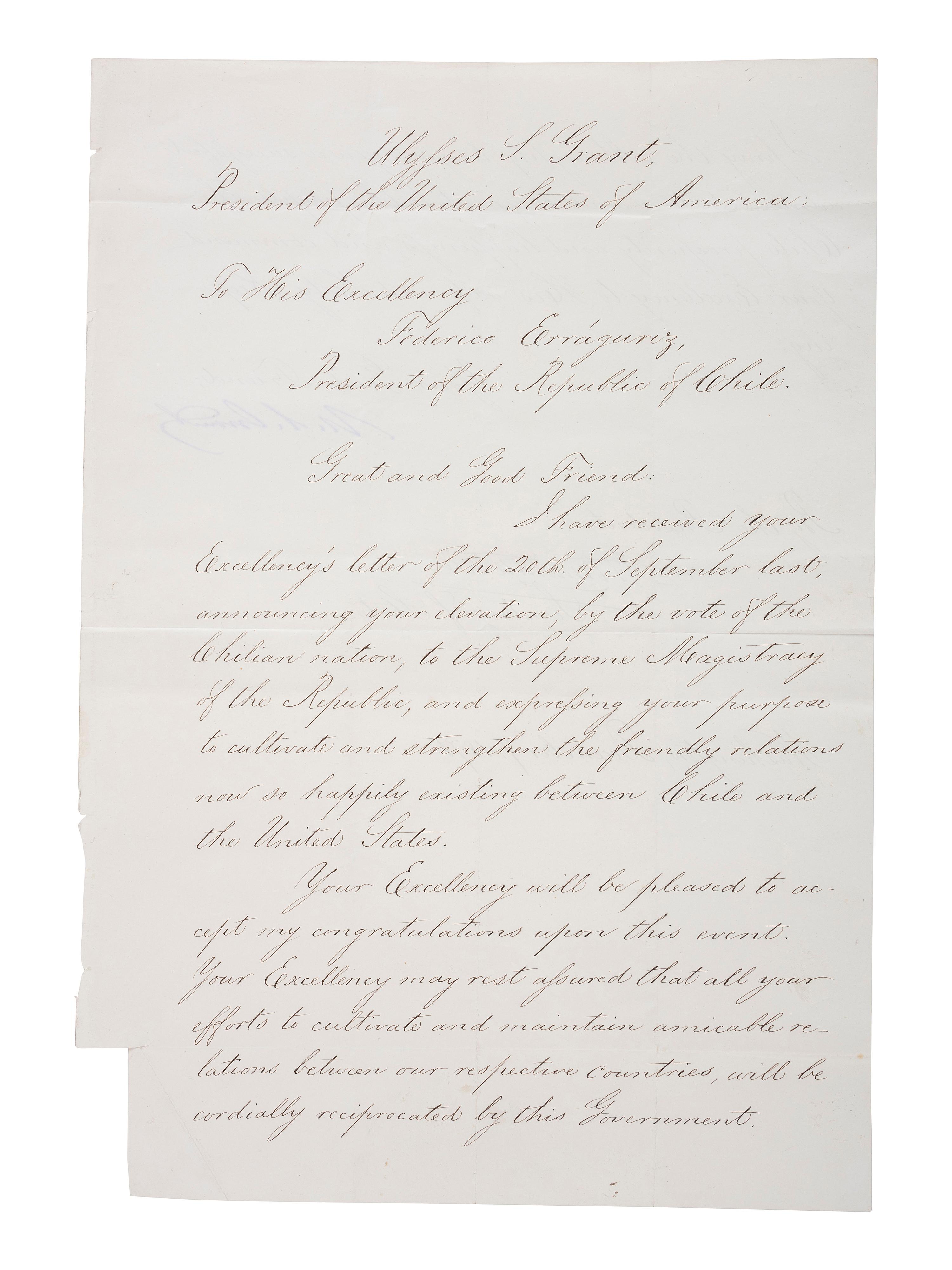 [US PRESIDENTS] -- [GRANT, Ulysses S. (1822-1885)]. Letter Signed as President, to Chilean President Federico Errázuriz Zañartu. Washington, DC, 7 December 1871.