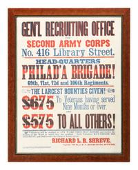 [CIVIL WAR]. Gen'l Recruiting Office for Second Army Corps / No. 416 Library Street. / Head-Quarters Philad'a Brigade! / 69th, 71st, 72d and 106th Regiments . Philadelphia, PA: King & Baird, ca 1863-1864.