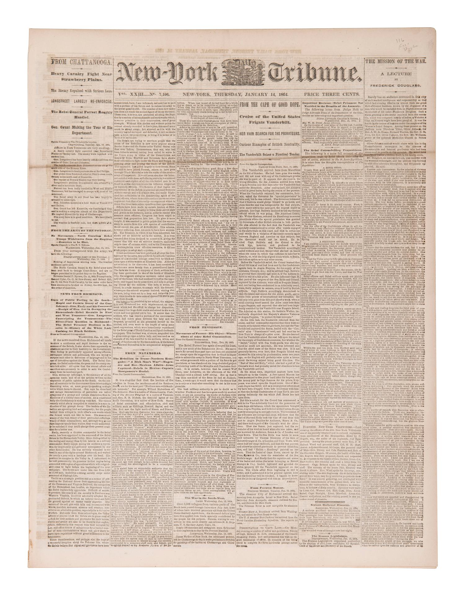 [ABOLITION-CIVIL WAR] New York Tribune feat. Frederick Douglass' "Mission of the War" lecture, 1864.