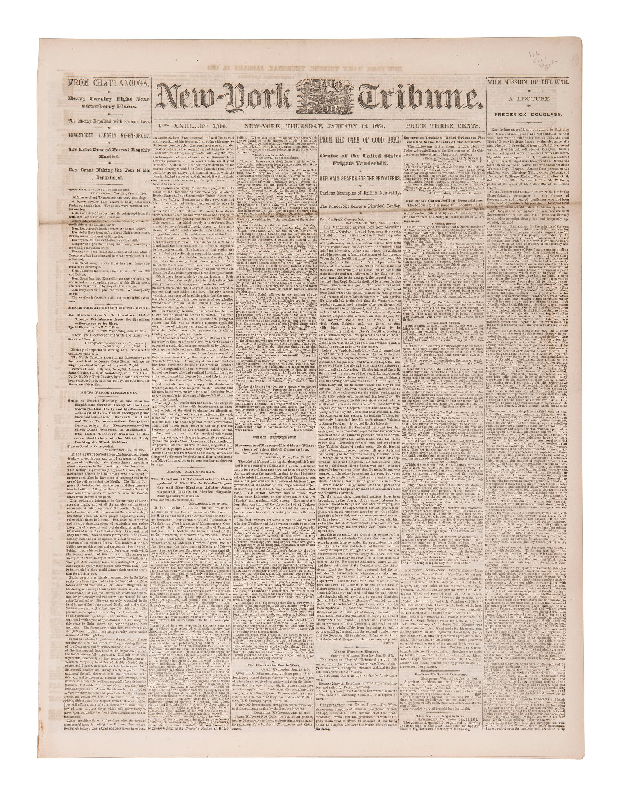 [ABOLITION-CIVIL WAR] New York Tribune feat. Frederick Douglass' "Mission of the War" lecture, 1864.