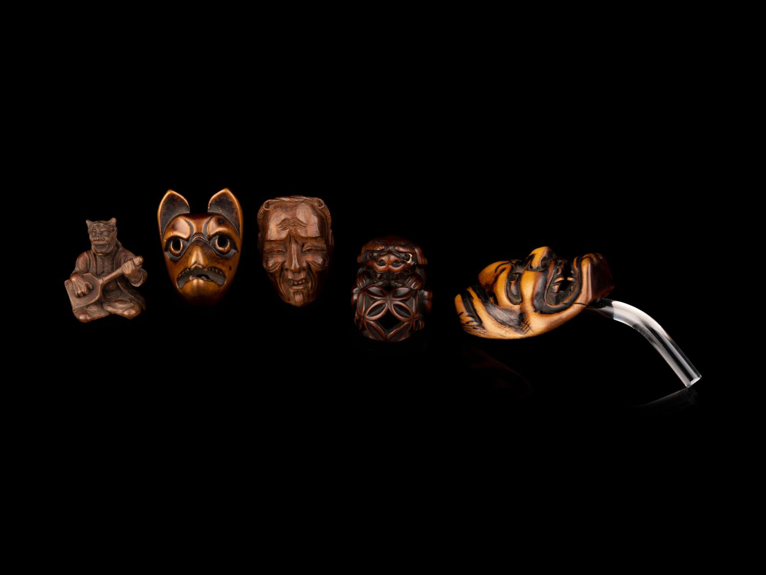 Five Japanese Carved Wood Netsuke
