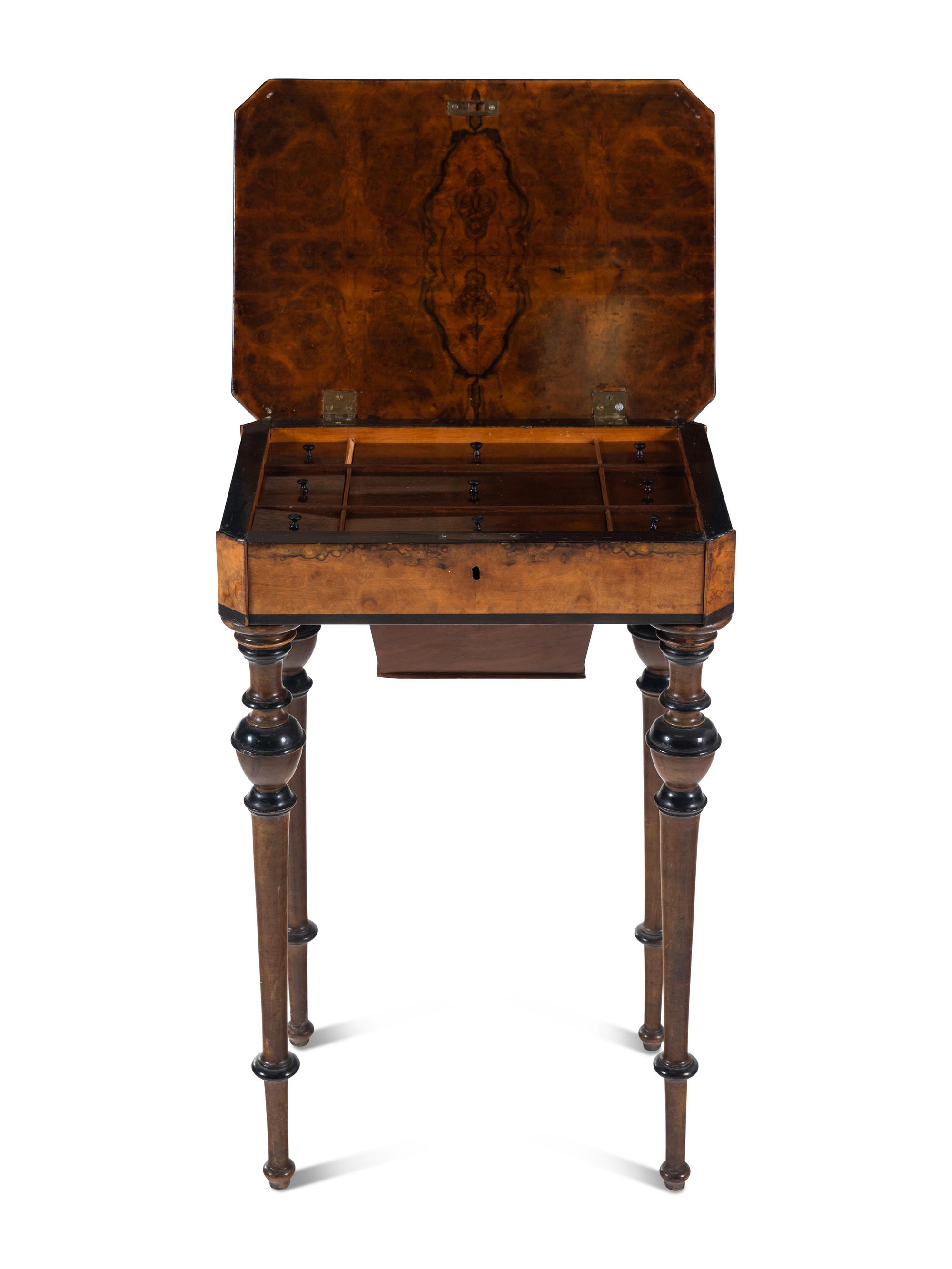 A Continental Part Ebonized Burl Walnut Work Table