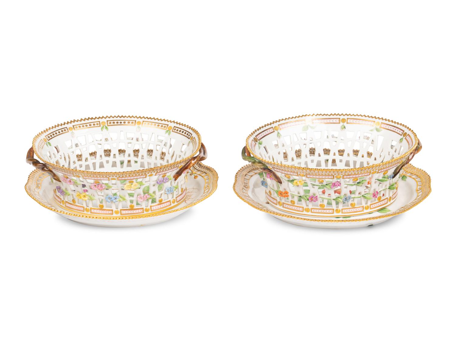 A Pair of Royal Copenhagen Flora Danica Reticulated Porcelain Oval Fruit Baskets and Stands