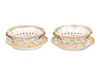 A Pair of Royal Copenhagen Flora Danica Reticulated Porcelain Oval Fruit Baskets and Stands