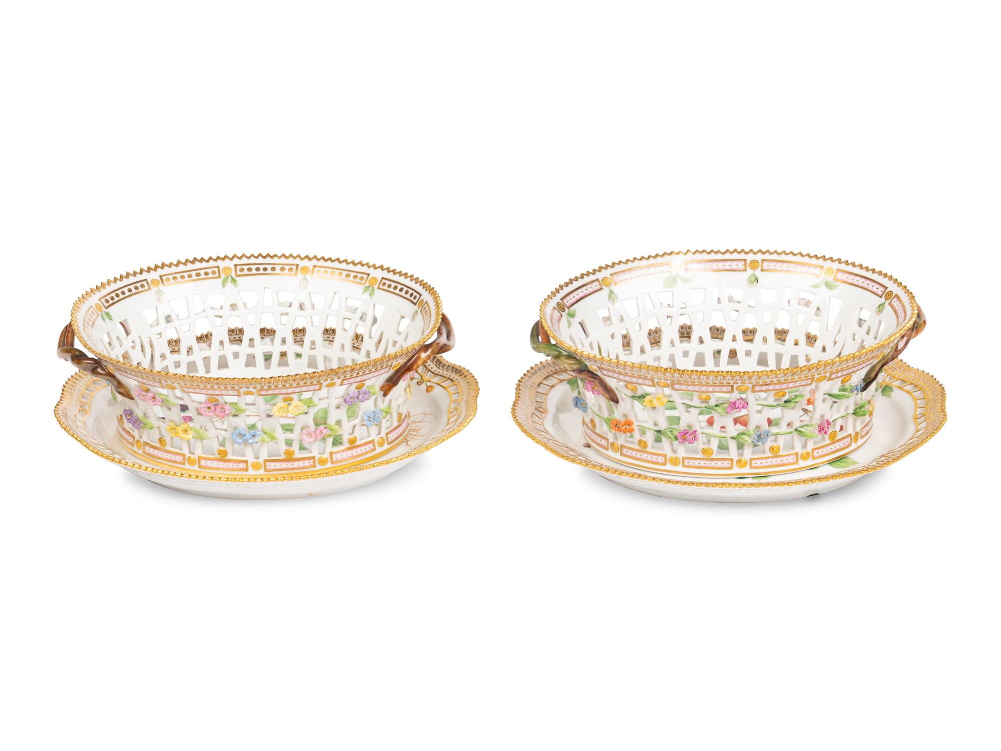 A Pair of Royal Copenhagen Flora Danica Reticulated Porcelain Oval Fruit Baskets and Stands