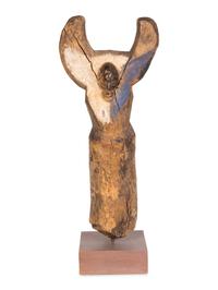 A Yaka Post, with forked finial painted blue and white, a mask in relief at the center