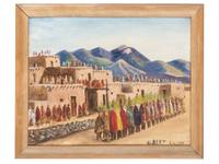 untitled, Taos pueblo with figures in procession
