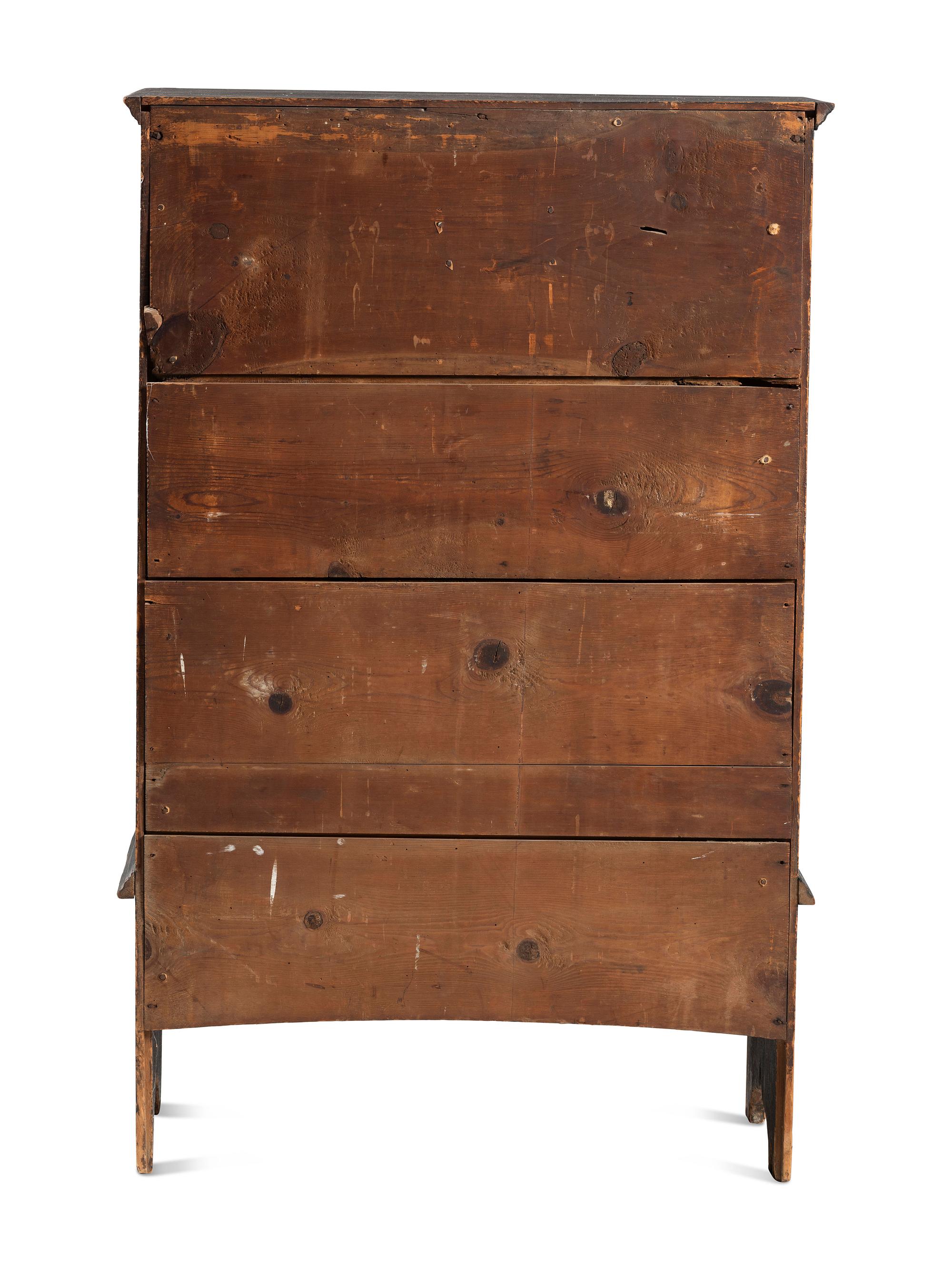 A Country Queen Anne Black Painted Cherrywood and Pine Tall Chest of Drawers, 18th Century