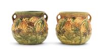 A Pair of Roseville Blackberry Pottery Vases Height 4 inches.