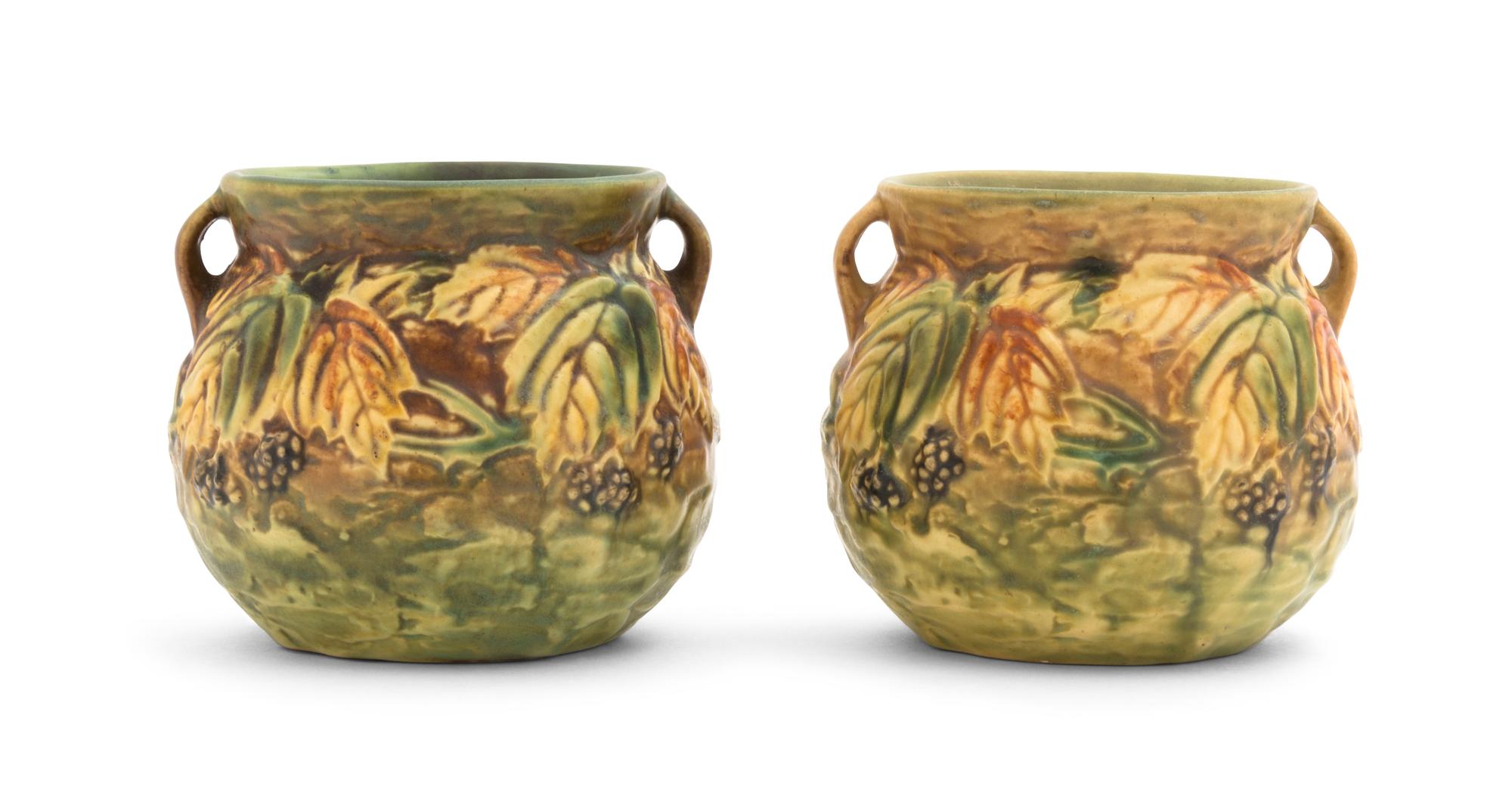 A Pair of Roseville Blackberry Pottery Vases Height 4 inches.