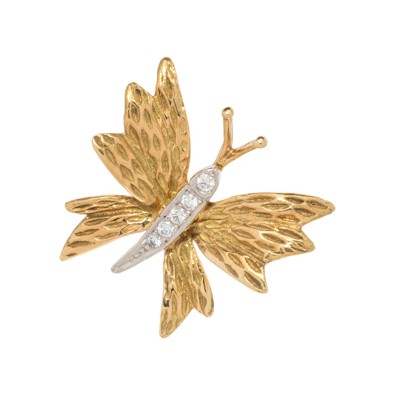 TIFFANY & CO., YELLOW GOLD, PLATINUM AND DIAMOND BUTTERFLY BROOCH