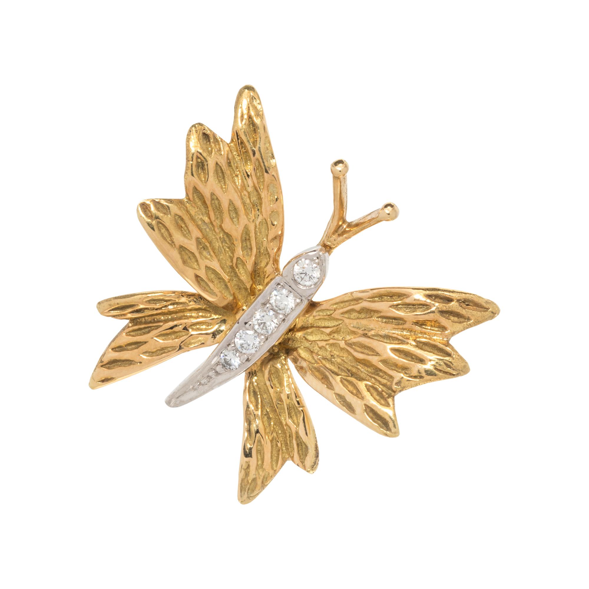 TIFFANY & CO., YELLOW GOLD, PLATINUM AND DIAMOND BUTTERFLY BROOCH