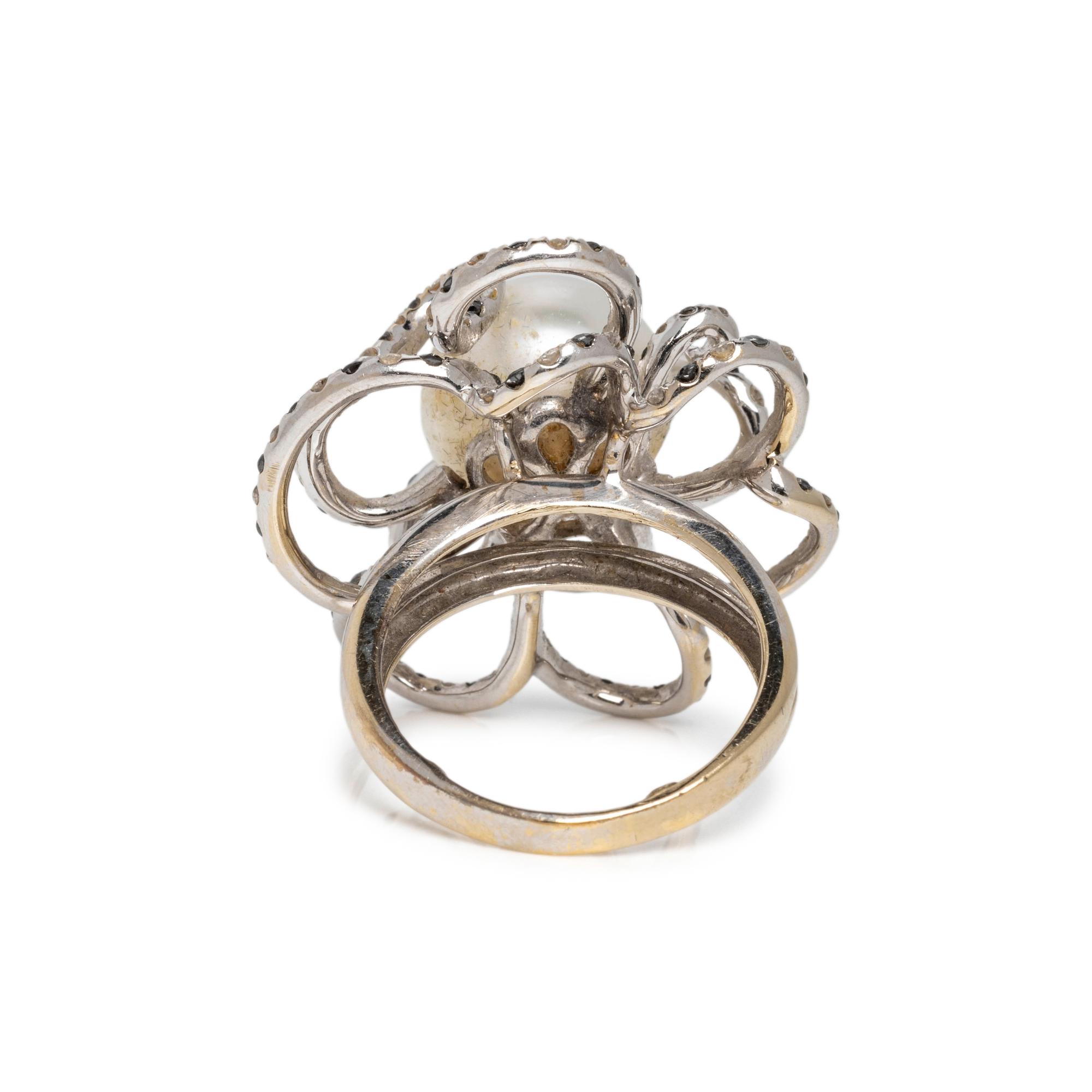CULTURED PEARL, DIAMOND AND BLACK DIAMOND RING