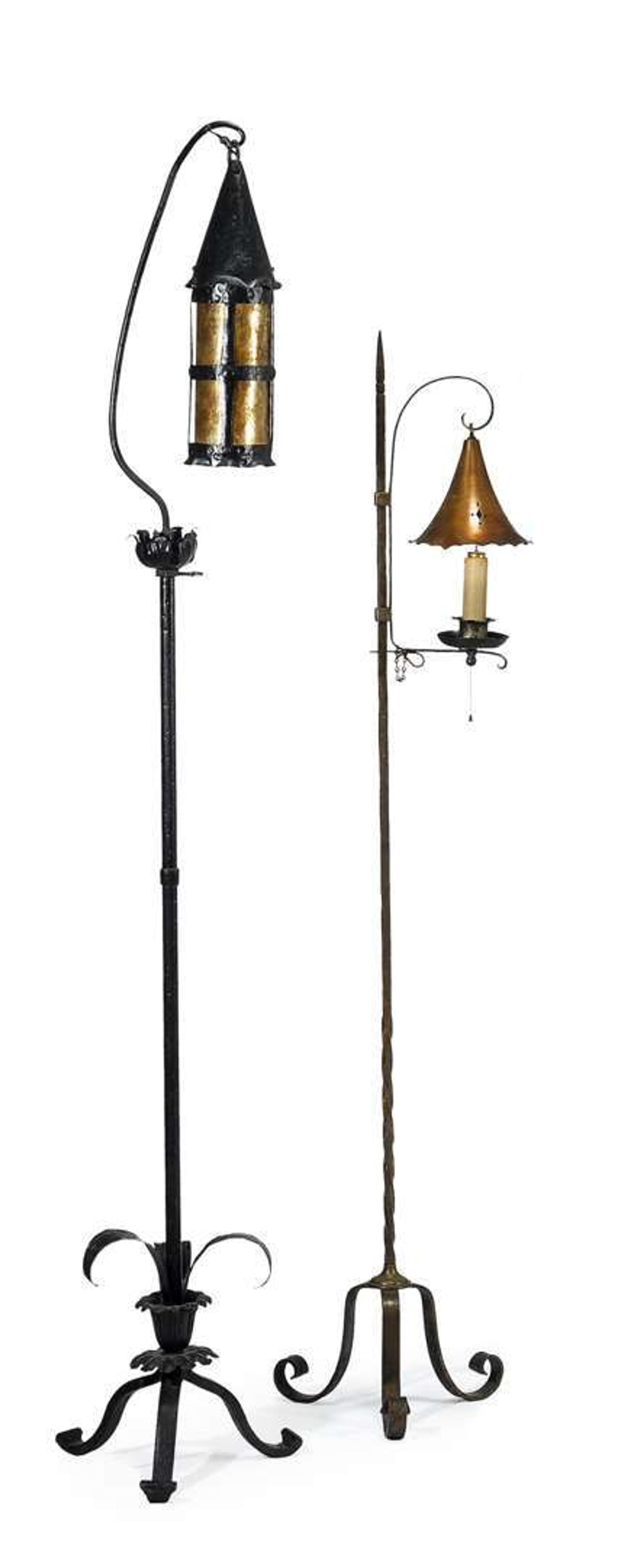 Two wrought iron and metal floor lamps