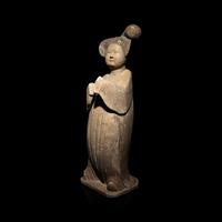 A Large Chinese Painted Pottery Court Lady, Tang Dynasty — 唐 灰陶加彩仕女俑