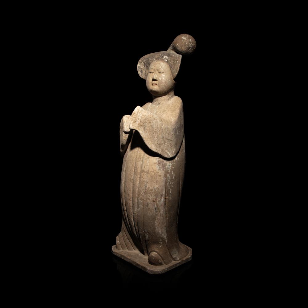 A Large Chinese Painted Pottery Court Lady, Tang Dynasty