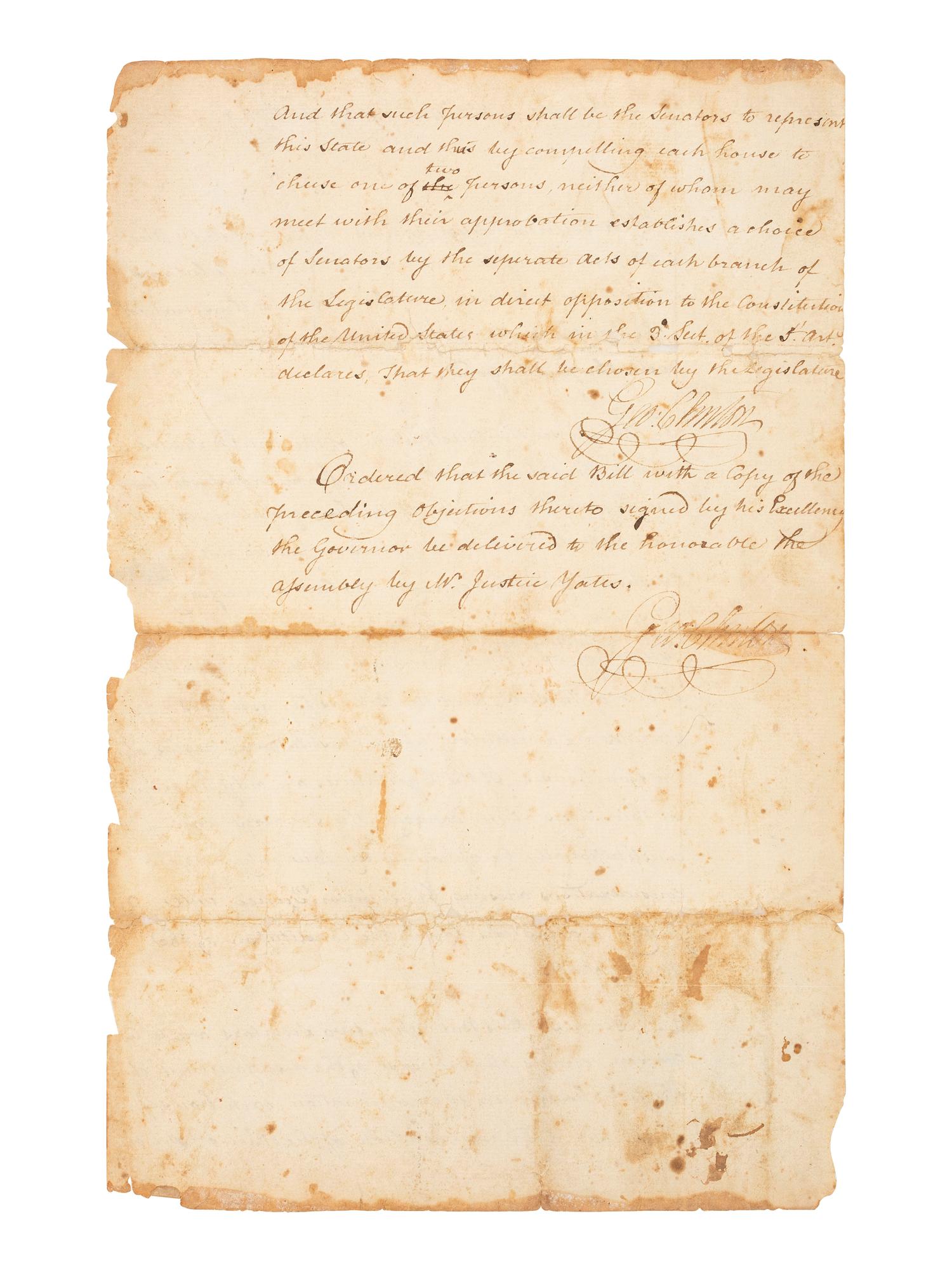 CLINTON, George (1739-1812). Council of Revision document twice-signed ("Geo. Clinton"), as Governor of New York, 15 July 1789.