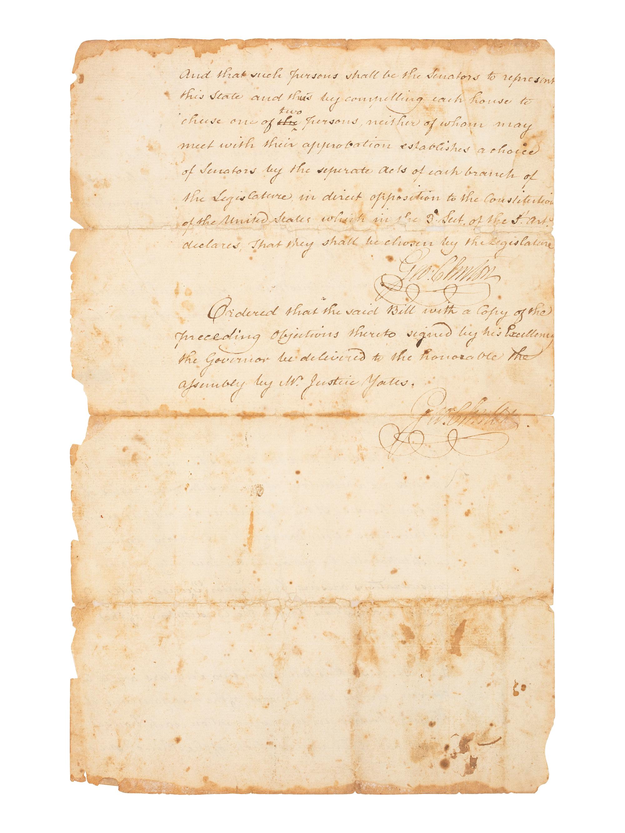 CLINTON, George (1739-1812). Council of Revision document twice-signed ("Geo. Clinton"), as Governor of New York, 15 July 1789.