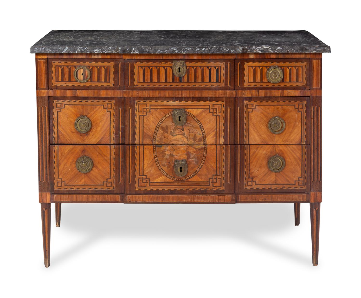 A Louis XVI Marquetry Marble-Top Commode