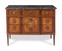 A Louis XVI Marquetry Marble-Top Commode