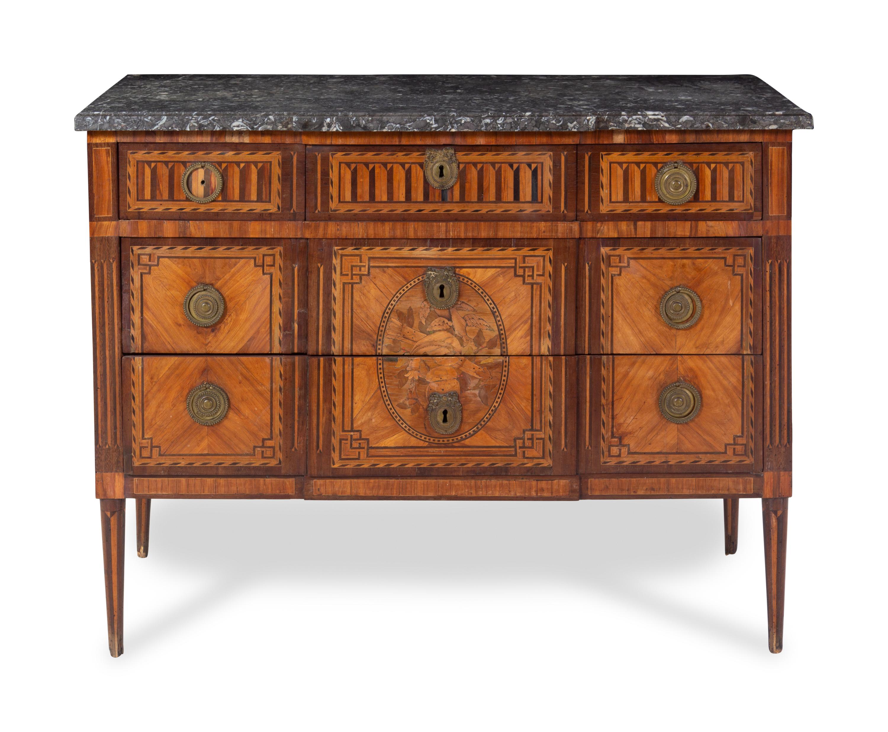 A Louis XVI Marquetry Marble-Top Commode