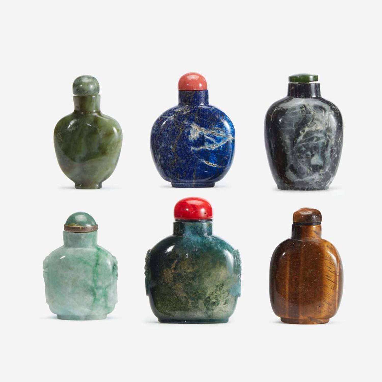 An assorted group of six Chinese hardstone snuff bottles