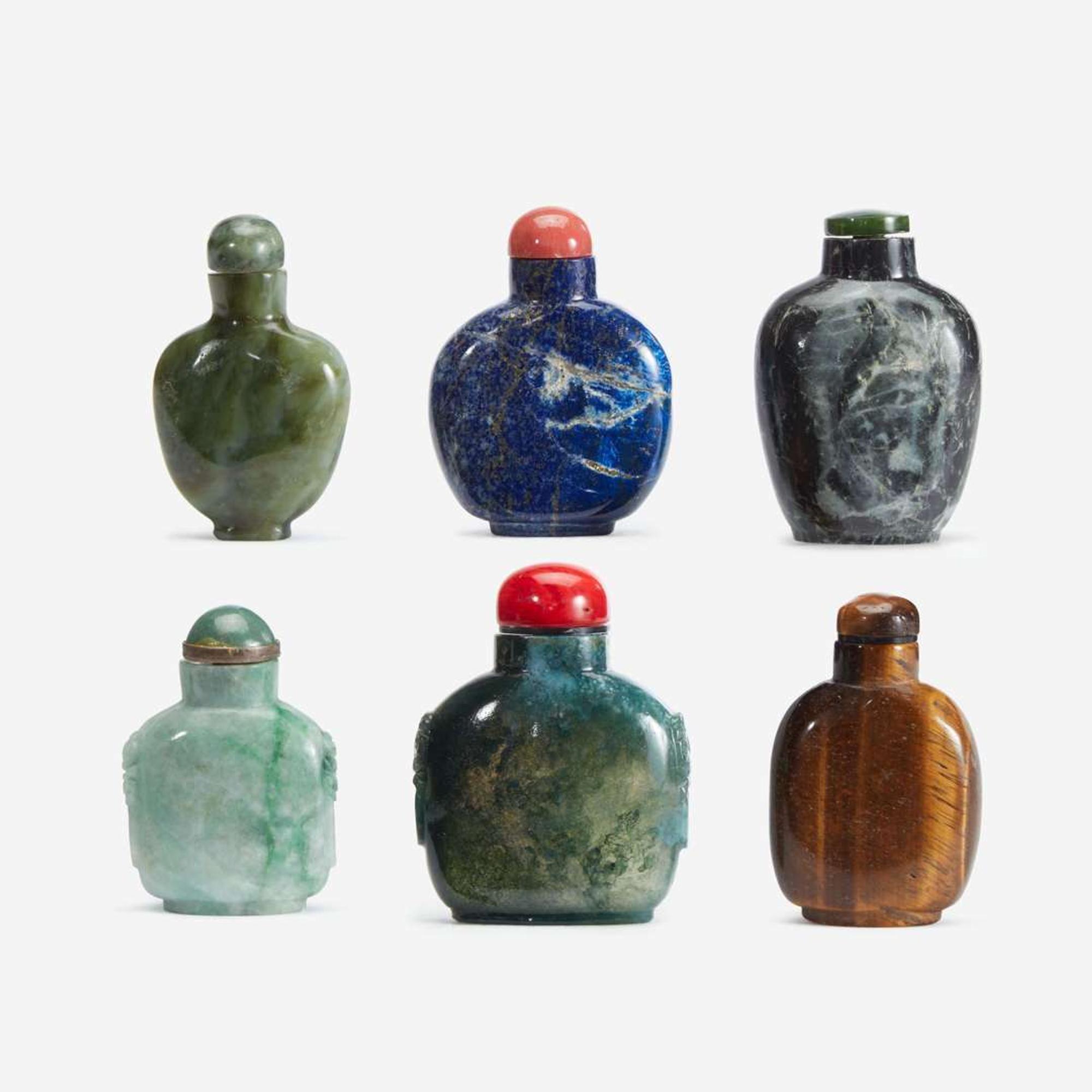 An assorted group of six Chinese hardstone snuff bottles