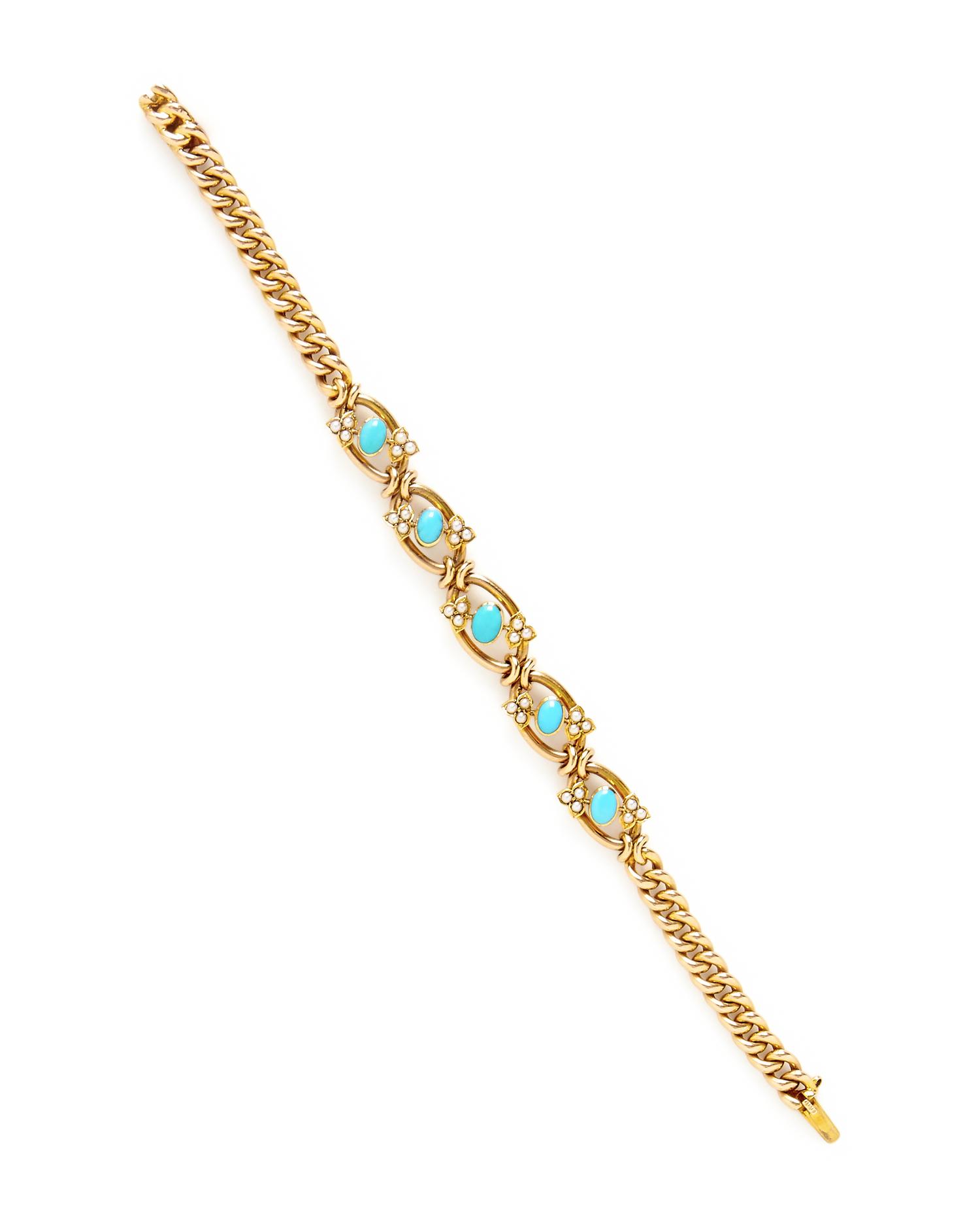 VICTORIAN, YELLOW GOLD, TURQUOISE, AND SEED PEARL BRACELET