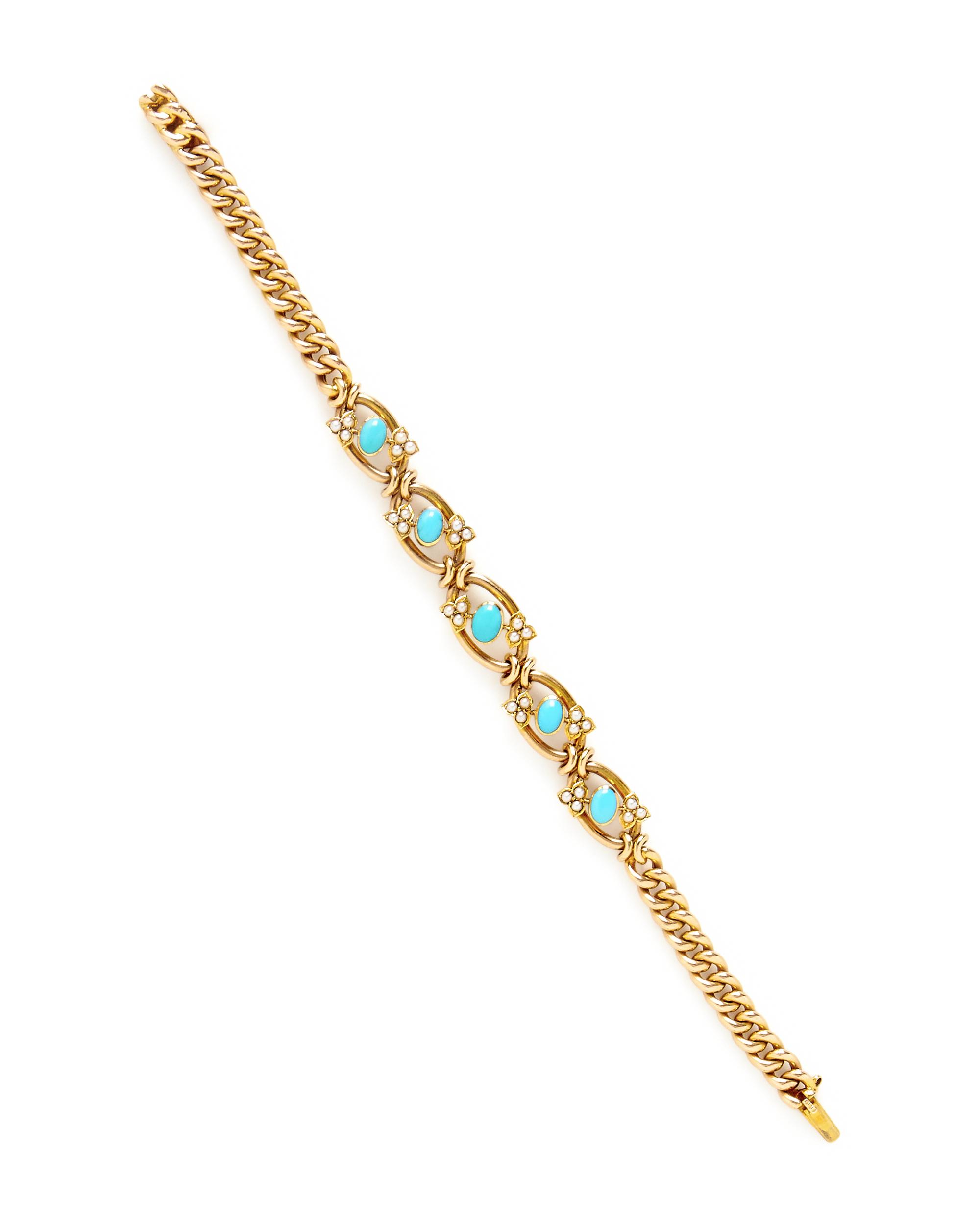VICTORIAN, YELLOW GOLD, TURQUOISE, AND SEED PEARL BRACELET