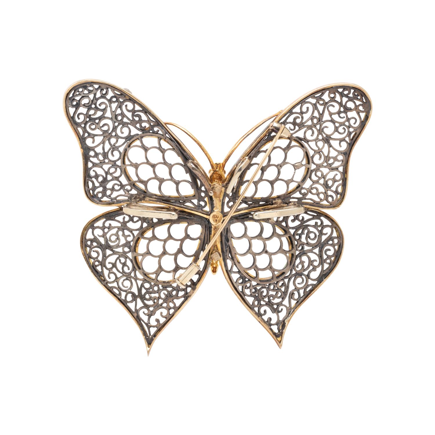 YELLOW GOLD, SILVER AND DIAMOND BUTTERFLY BROOCH