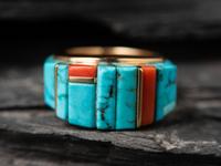 18K Gold Ring, with Red Mountain Turquoise and Japanese Coral Height Inlay