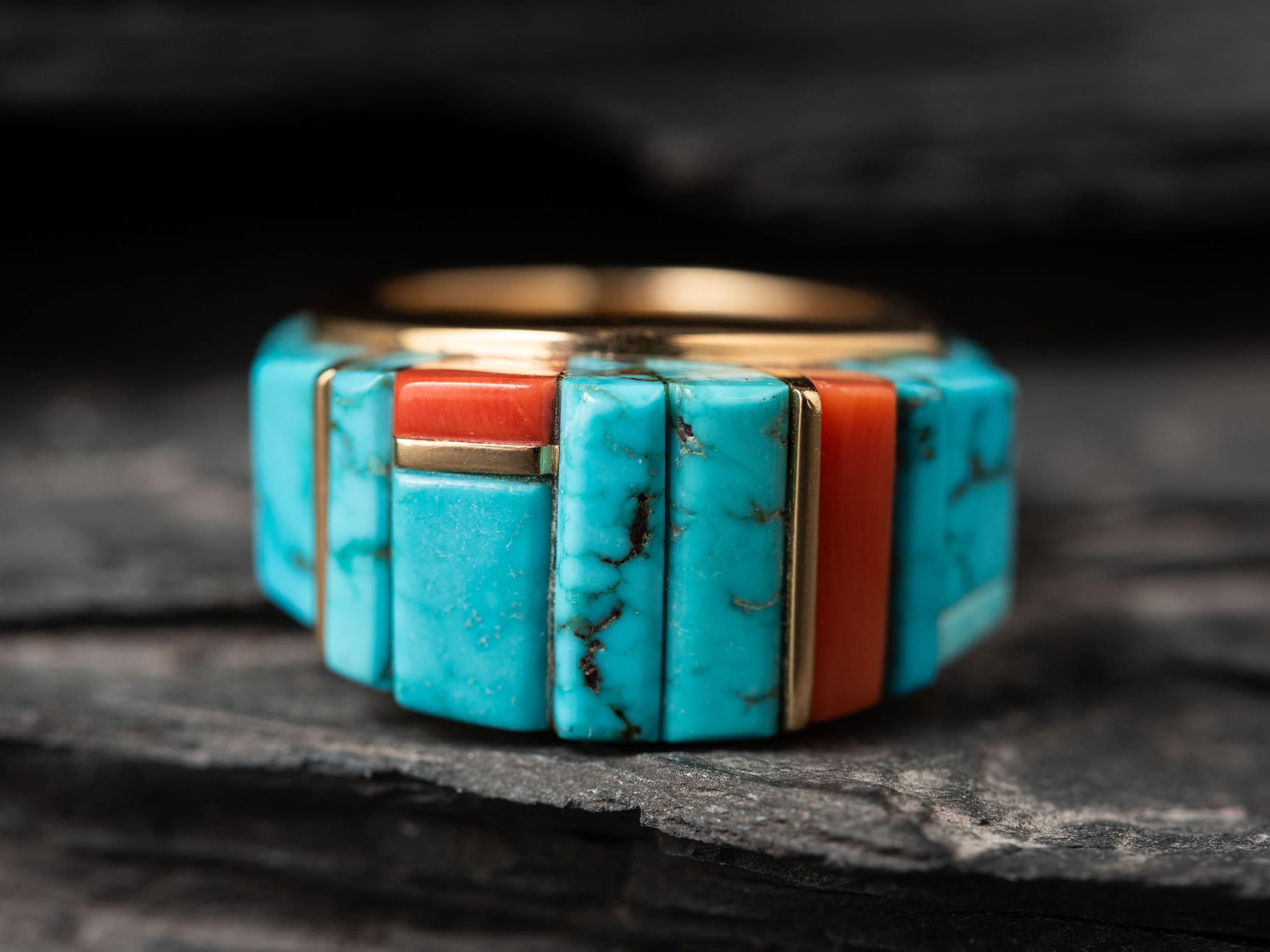 18K Gold Ring, with Red Mountain Turquoise and Japanese Coral Height Inlay