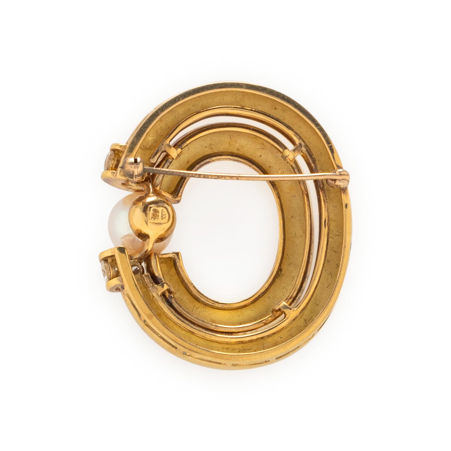 YELLOW GOLD, CULTURED PEARL, AND DIAMOND BROOCH