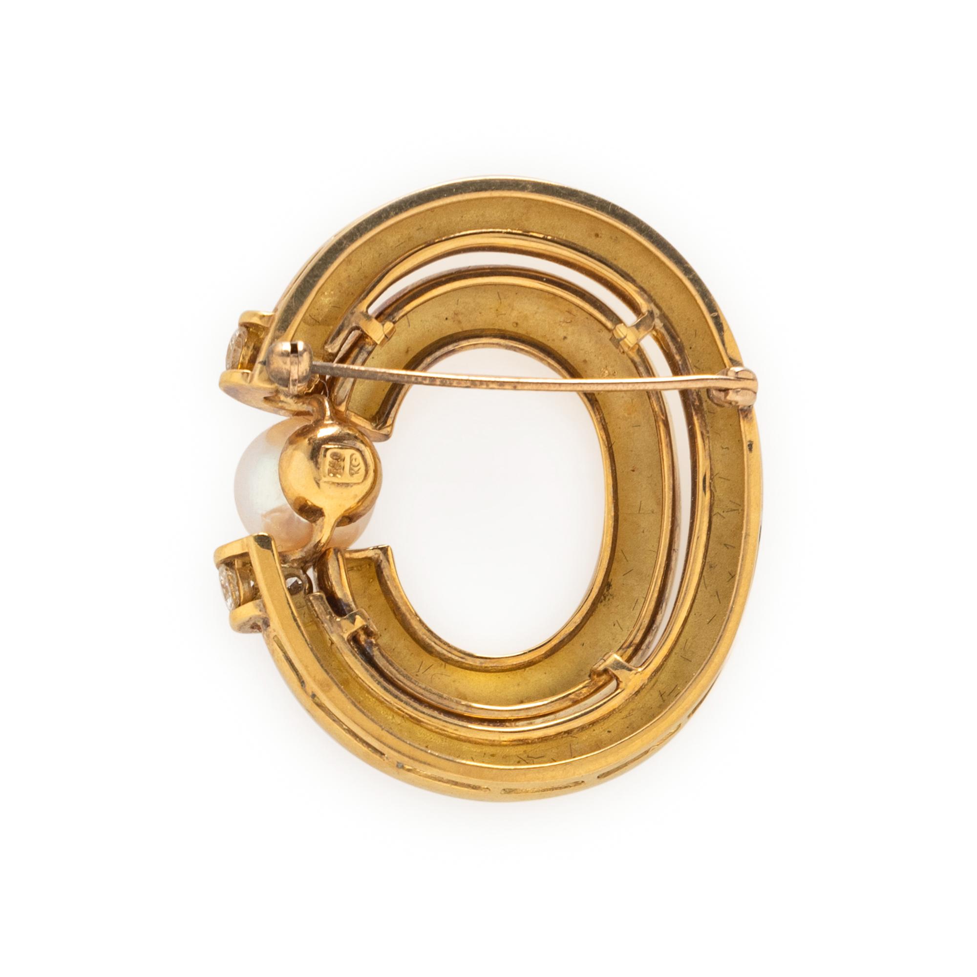 YELLOW GOLD, CULTURED PEARL, AND DIAMOND BROOCH