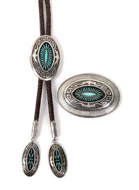 A Navajo Silver and Turquoise Belt Buckle and Matching Bolo, Abraham Begay Height of buckle 2 3/4 x width 3 3/4 inches.