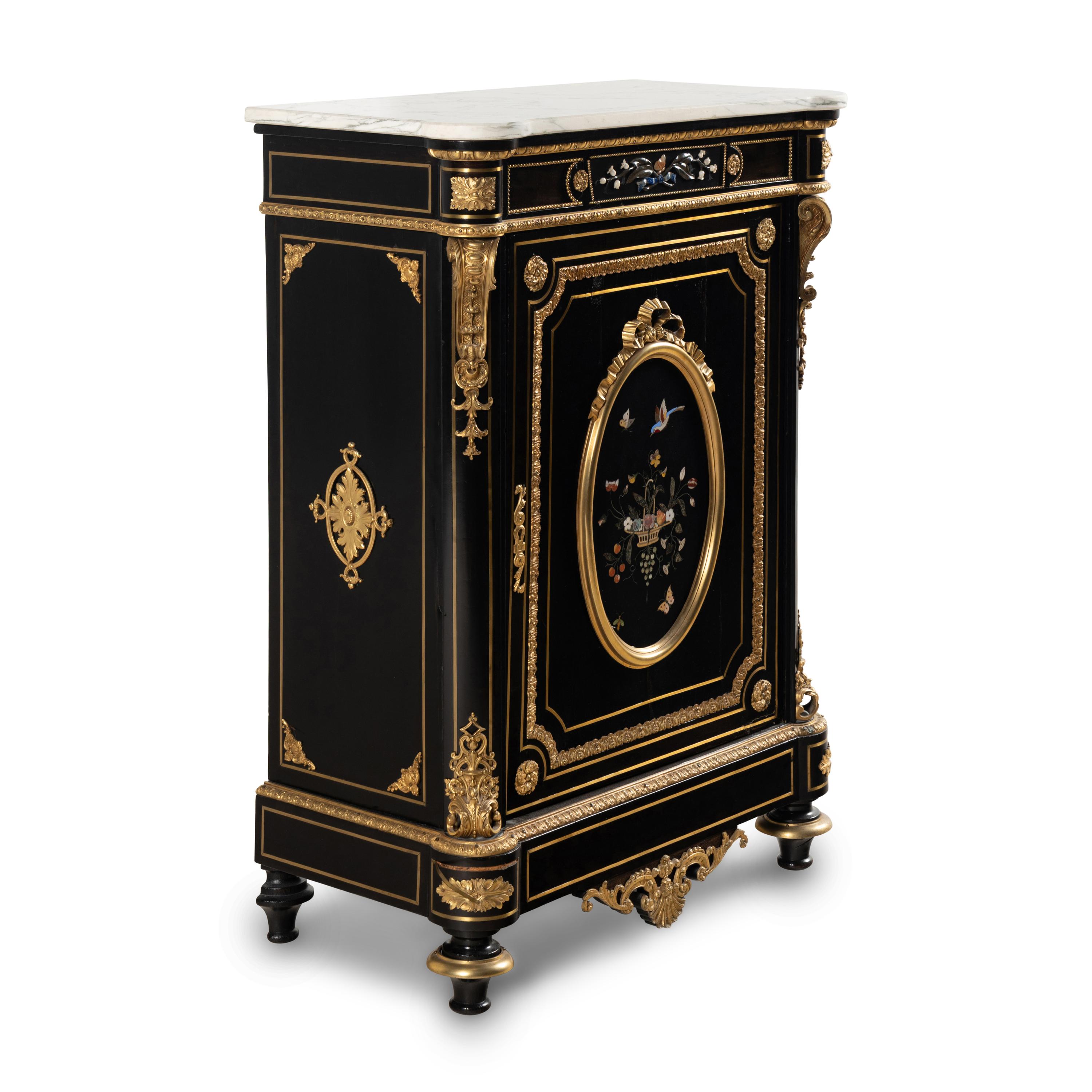A Napoleon III Style Ebonized, Gilt Bronze and Pietra Dura Plaque Mounted Marble-Top Meuble d’Appui