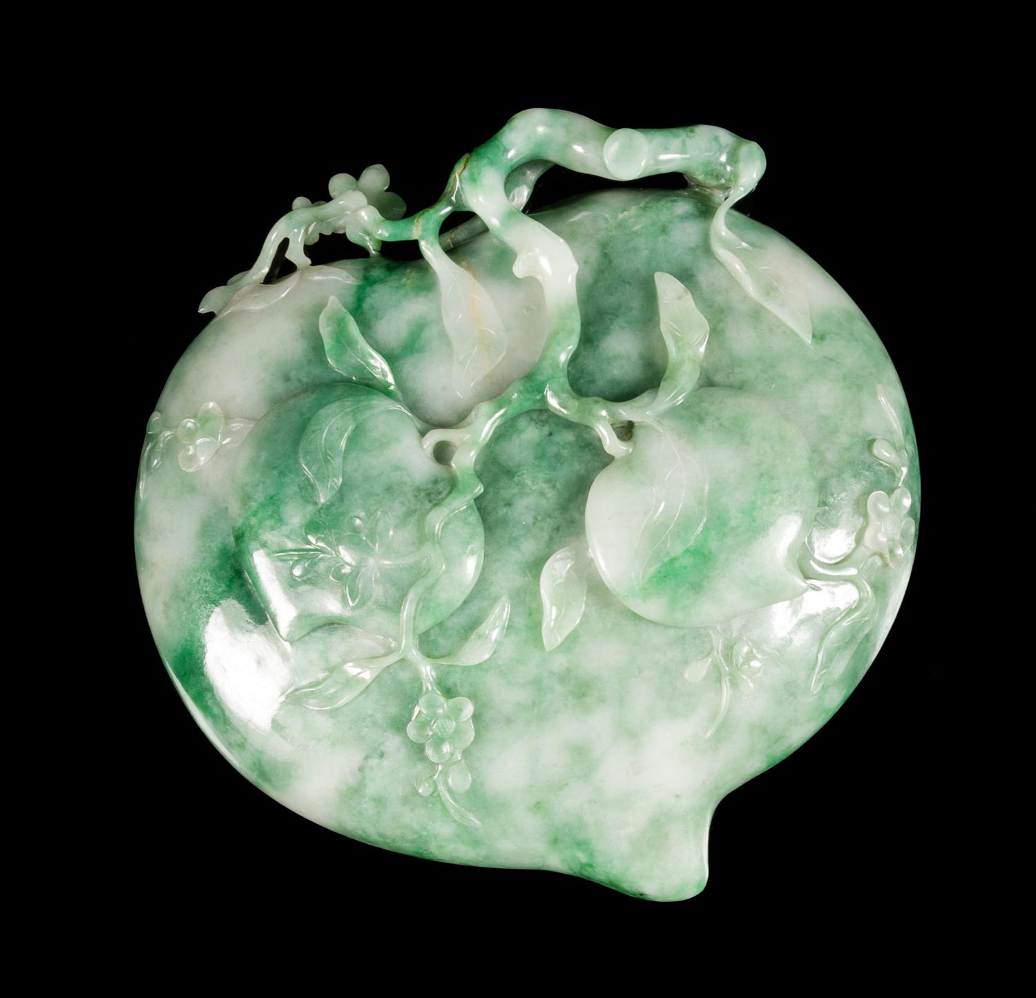 An Apple Green and Celadon Jadeite Peach-Form Ink Palette Length 9 7/8 inches. — 20TH CENTURY